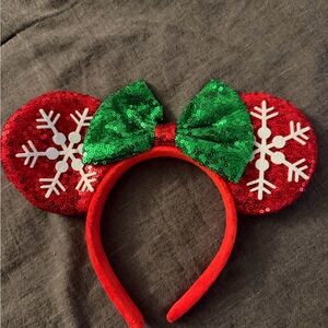 Red and green holiday Minnie Mouse ears with sequins
